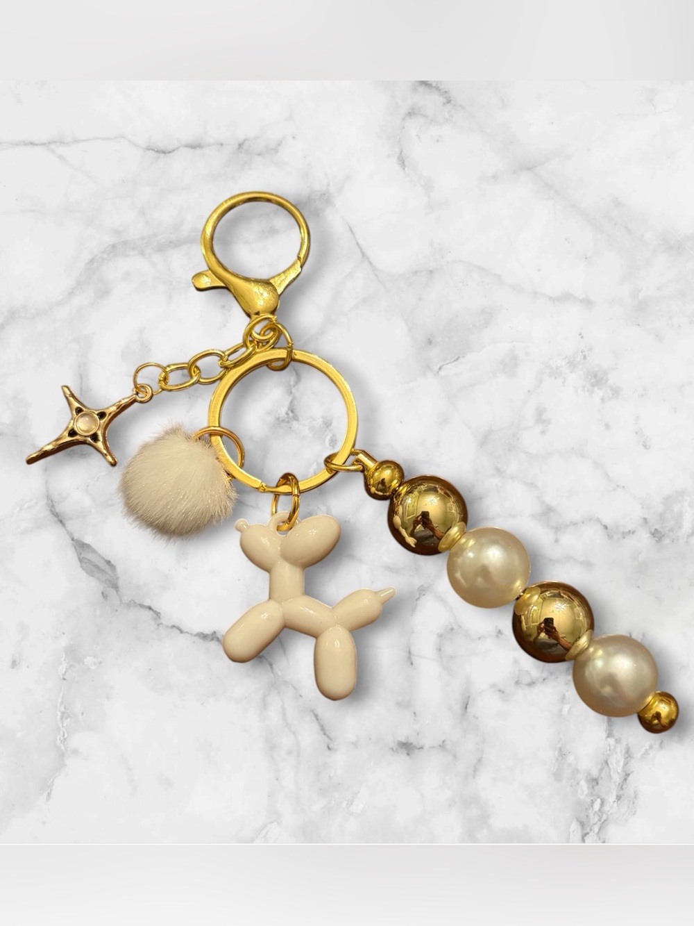 Gold Pearl & Cream Balloon Dog Keychain Charm